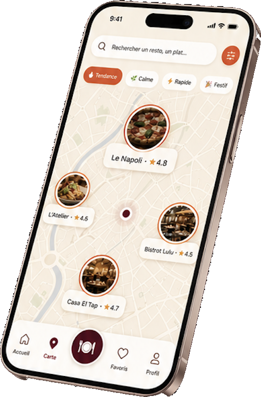 Interface ClickToEat affichant une carte de restaurants
